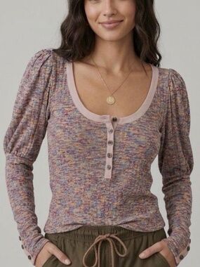 Anthropologie Puff-Sleeved Knit Henley Top